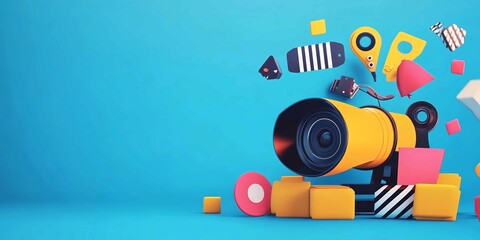 Obraz premium Playful 3D Camera With Abstract Shapes Against a Blue Backdrop