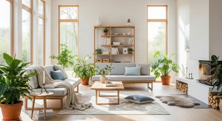 Fototapeta premium Cozy modern living room interior with plants, sofa, armchair, and wooden furniture, for home decor or interior design mockup