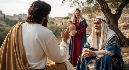 Jesus Christ teaching an older man with a woman carrying a jar nearby, a Biblical lesson story for religious education.