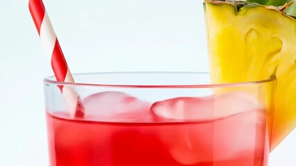 A refreshing red beverage in a glass with ice, a striped straw, and pineapple garnish against a white background - Powered by Adobe