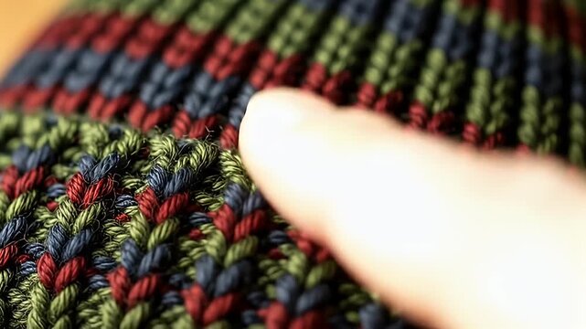 Close-up of a textured, knitted fabric with red, green, and blue stripes with a finger