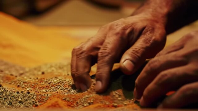 Close up of hands sifting and mixing vibrant aromatic spices in a traditional market