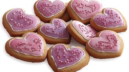 Heart-shaped cookies with pink icing and sprinkles, close-up, on white background, Valentine's Day treats