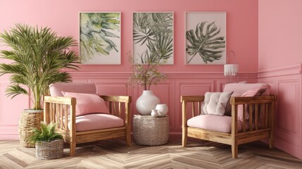 Living Room Interior with Pink Walls Wooden Armchairs and Green Plants