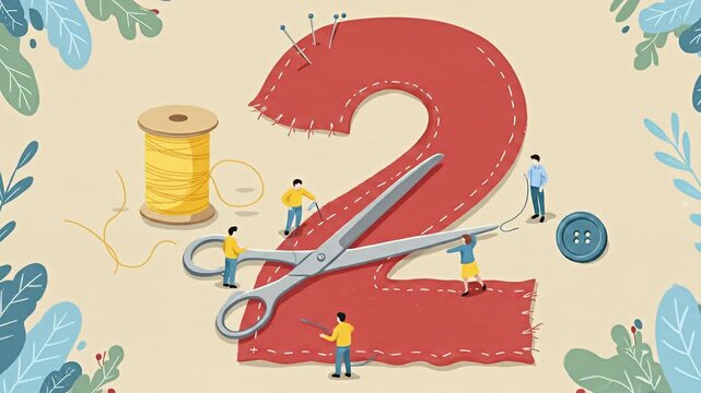Illustration of a large fabric number two with miniature people and sewing notions