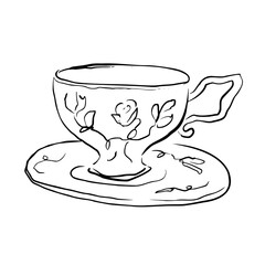 Elegant vintage cup with ornate saucer. Vector whimsical quickly sketch line art illustration. Perfect for book romance projects, tea party designs, wedding stationery, poster, prints, aesthetic decor