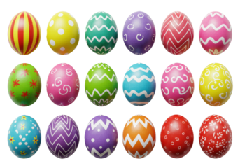 Twenty glossy, intricately patterned Easter eggs in bright, saturated colors like yellow, green, pink, blue, purple, orange, and red, arranged in a grid on transparent, studio product shot. Joyful