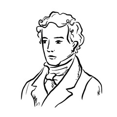 Portrait of elegant young man in vintage clothing. Vector whimsical quickly sketch line art. Perfect for book romance themes, literature designs, classic posters, decor, wedding stationery, prints.