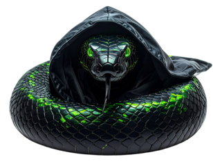 Hyperrealistic image of a black cobra with neon green snake PNG
