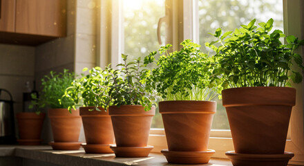 Herb Garden in Pots on a Sunny Windowsill