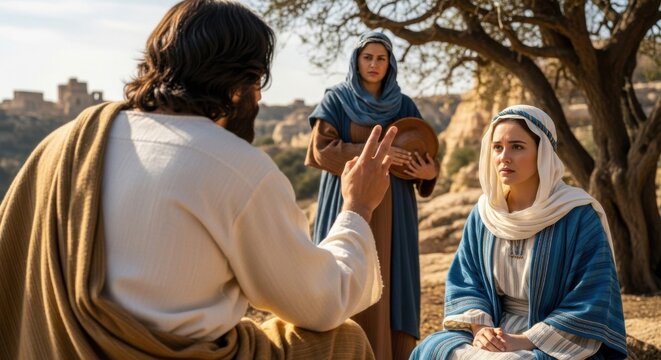 Jesus Christ visiting Martha and Mary in Bethany and their brother Lazarus. Biblical story, gospel story