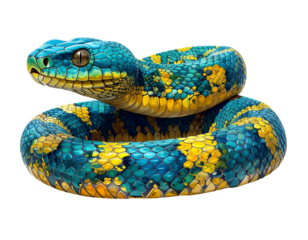 Hyperrealistic image of a turquoise and yellow banded krait, isolated png