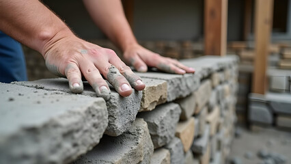 Worker hands pressing stones firmly on wall, installing stone wall surface