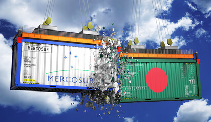 Crashing cargo containers with flags of Mercosur and Bangladesh - 3D illustration