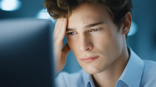 Young man sitting at desk in front of laptop with stressed expression, symbolizing work pressure, concentration, problem solving, fatigue, business challenges and mental health concept. - Powered by Adobe