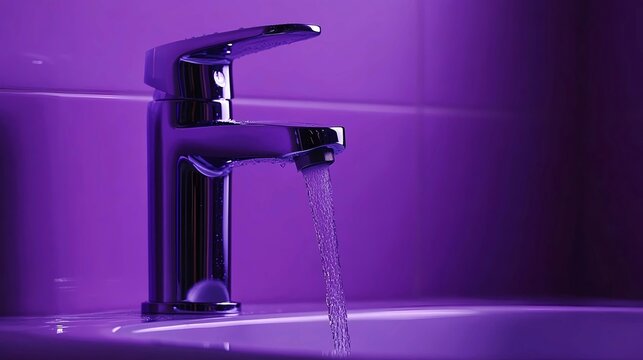 Modern Faucet Flowing Water in a Bathed in Purple Light