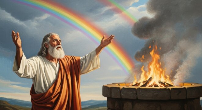 Man Noah offers sacrifice after the flood, old testament story. God's covenant with rainbow promise and burnt offering concept.