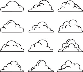  Simple Black and White Line Art Illustration of Various Cloud Shapes for Graphic Design and Weather Concepts