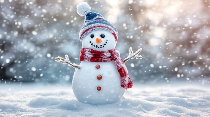 Fototapeta premium Charming festive snowman with colorful scarf celebrates winter holidays in a snowy forest setting.