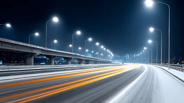 Scenic Overpass at twilight with Snow, Glowing City Lights and Motion Blurred Car. Evening Freeway.