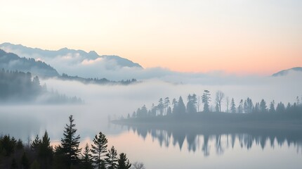 Fototapeta premium Morning Mist Over Mountain Lake Created with Generative AI technology