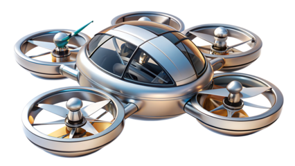 Sleek Silver Futuristic Flying Car Drone with Five Rotors vehicle transportation isolated on a transparent background