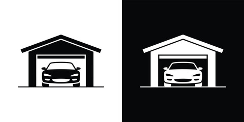 Car in Garage Silhouette with Front View, Parking, Automotive Icon, Transparent