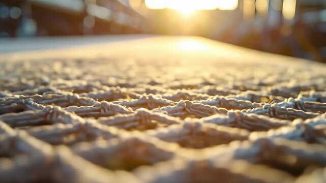Close-up of a knotted rope net with sunlight shining through the background, out of focus