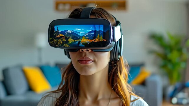 Woman wears VR headset displaying mountain landscape indoors, facing forward