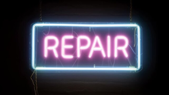 Neon repair sign glowing on dark brick wall. Bright pink letters in blue rectangular frame. Illuminated service advertisement for mechanic or fix-it shop