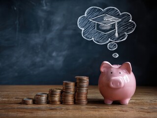 Student loan and tuition. Saving money for education. Stack of coins and piggy bank. Academic cap icon and thought balloon drawn on blackboard.