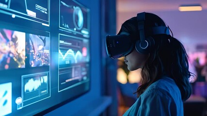 Person wearing VR headset looking at multi-panel display showing data - Powered by Adobe