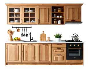 Wooden Kitchen Cabinet with White Countertop, Light Brown on Transparent Background, Modern Kitchen Design Element