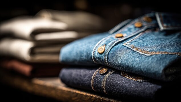 Stacked denim and other clothes on a wooden shelf. Close-up view