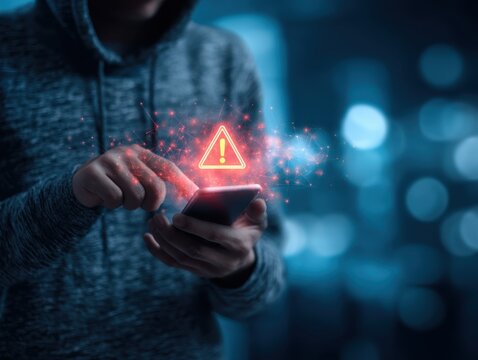 System hacked warning alert, Man using smartphone with Fraud call center or cyber attack network. Cyber security and cybercrime. Compromised information internet. - Powered by Adobe