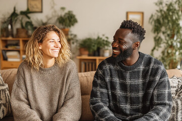 Happily chatting couple in cozy room with warm tones