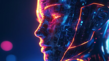 A futuristic female cyborg radiant glowing circuits, navigates the vast expanse of cyberspace, embodying the essence of advanced technology and the spirit of innovation that defines our digital future