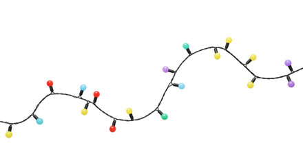 Vibrant multi-colored spherical LED string lights, red, blue, green, yellow, orange, purple hues, elegant S-curve on transparent background, top-down studio shot, concept of bright ideas and