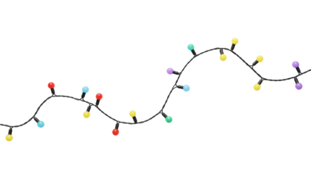 Vibrant multi-colored spherical LED string lights, red, blue, green, yellow, orange, purple hues, elegant S-curve on transparent background, top-down studio shot, concept of bright ideas and