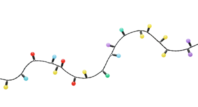 Vibrant multi-colored spherical LED string lights, red, blue, green, yellow, orange, purple hues, elegant S-curve on transparent background, top-down studio shot, concept of bright ideas and - Powered by Adobe