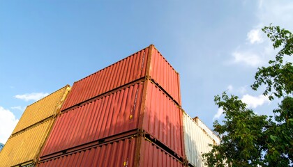 Fototapeta premium Red freight containers are stacked at a busy industrial port with a large shipping vessel in the harbor