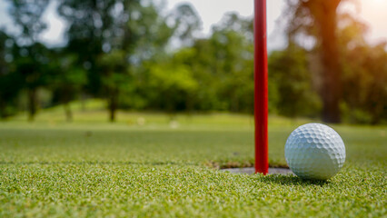 Golf ball is on a green lawn in a beautiful golf course with morning sunshine.