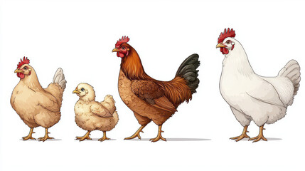 Fototapeta premium Cute cartoon illustration of chickens in various stages of growth, showcasing chick, young hen, and adult hens