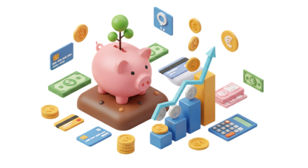 A cartoon style image of a pink piggy bank with a tree growing out of it surrounded by money and graphs