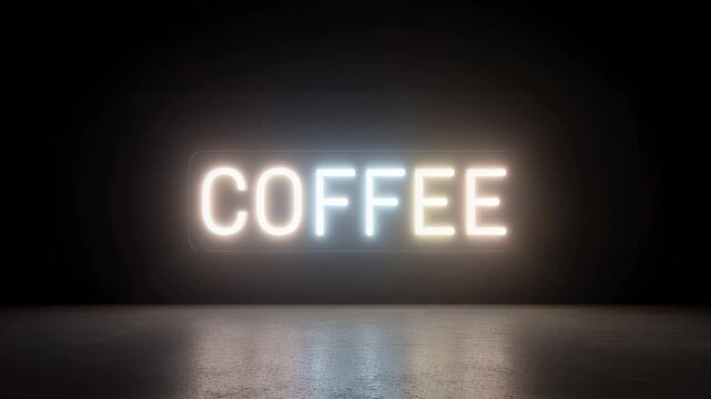 Glowing neon coffee sign on dark brick wall background. Illuminated white lettering for cafe or restaurant. Modern urban nightlife and beverage concept video