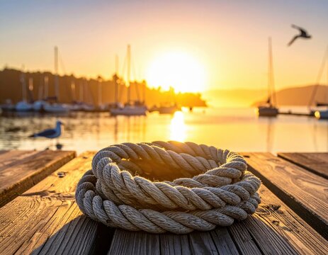 Rope on wooden dock at sunrise - Powered by Adobe
