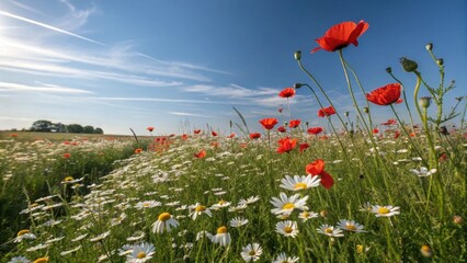 Vibrant Poppy and Daisy Meadow Under Sunny Blue Sky