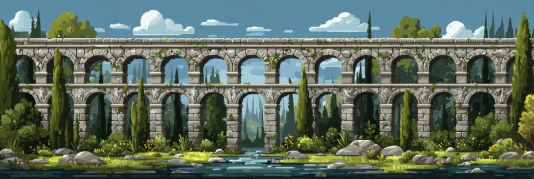 Ancient stone aqueduct, lush greenery, and a flowing stream
