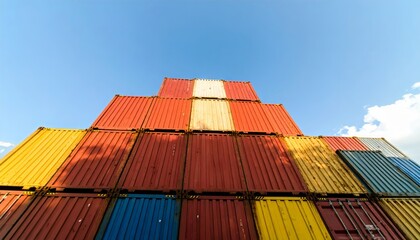 Red freight containers are stacked at a busy industrial port with a large shipping vessel in the harbor