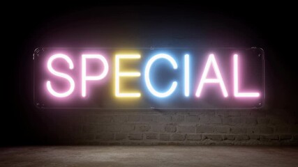 Colorful neon sign spelling 'Special' on dark brick wall background. Glowing rainbow letters for nightlife, advertising, or promotion. Urban retro style video loop. - Powered by Adobe